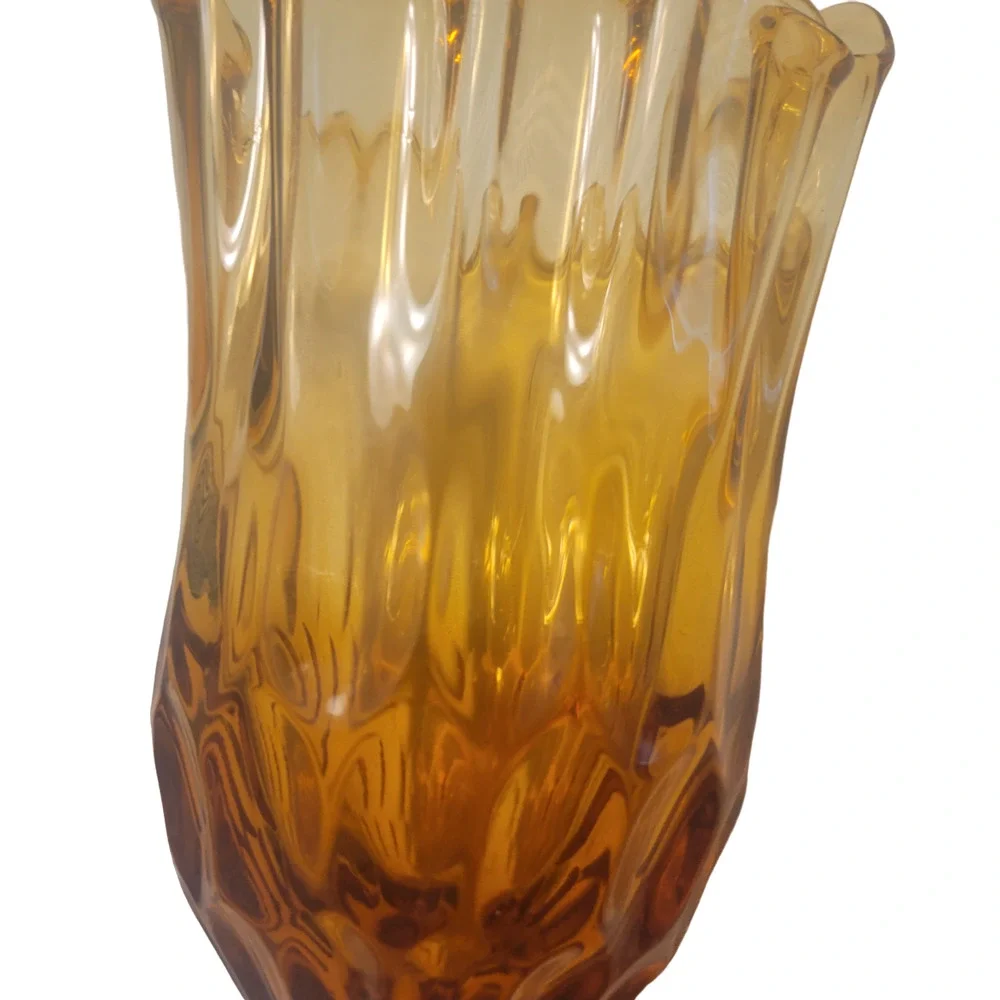 Vintage Fenton Amber Glass Vase‎ Scalloped Handkerchief Thumbprint Decor MCM